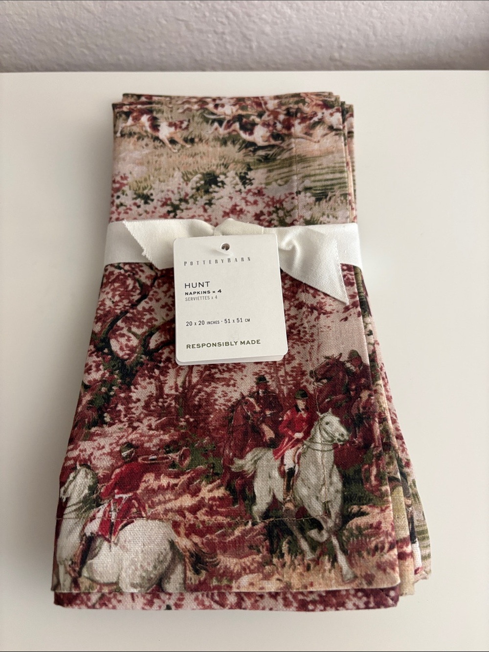Pottery Barn Hunt Printed Cotton Napkins - Burgundy and Cream